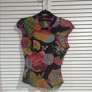 Arden B Black Floral Blouse with Pink Trim